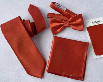 Sienna Necktie for Wedding Rust Bow tie Groom Matching Pocket Square Groomsmen Tie Autumn Wedding Theme
