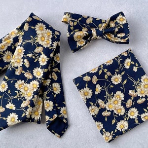 Daisy Necktie, Navy Blue Floral Bow Tie, Matching Pocket Square, Tie for Spring Wedding Floral Tie for Groom and Groomsmen Summer Floral Tie