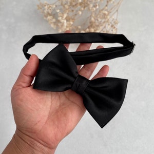 May include: A black satin bow tie with a simple design.