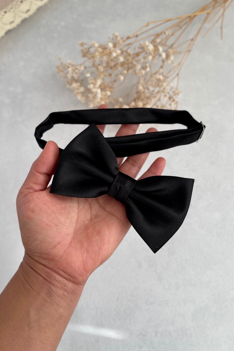 May include: A black satin bow tie with a simple design.