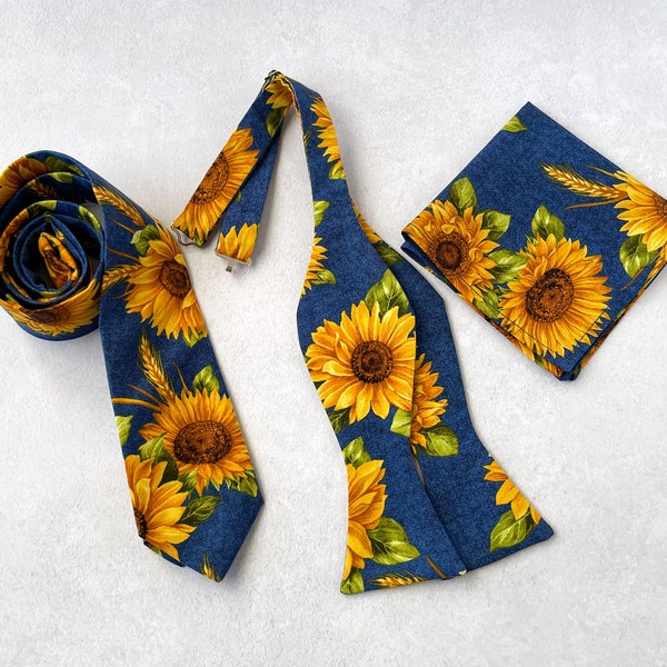 Sunflower Necktie, Sunflower Self Tie Bow Tie, Blue Floral Neck tie with Matching Pocket Square, Men Bow Tie For Summer & Autumn Wedding