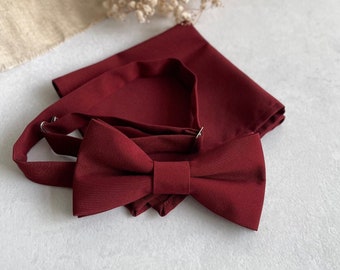 Men Maroon Red Bow Tie Pageboy Bowtie Ring Bearer Groom and Groomsmen Burgundy Bowtie and Pocket Square Set Children Red Bow Tie for Wedding