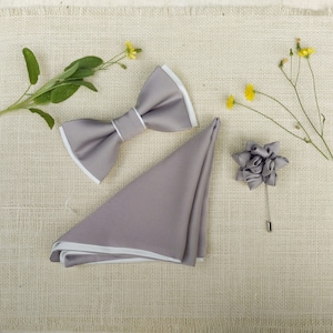Pewter Grey Bow tie, Pocket Square, Two Tone BowTie, Pewter Bowtie, Wedding Lapel Pin, Men BowTie, Groom Groomsmen Bow Tie, Kid BowTie