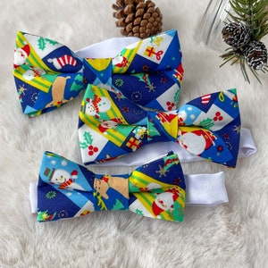 Christmas Bow Tie With Snowman Bow tie Blue Christmas Kid and Adult Matching Xmas Bow Tie Season Greeting Accessories