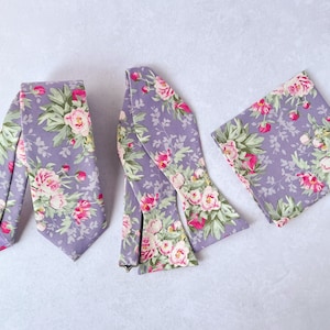 Lavender Purple  Floral Necktie, Hazel Lavender Self tie Bow tie, Pocket Square, Flowery  Neck tie, Tie for Groom & Groomsmen, Wedding Ties