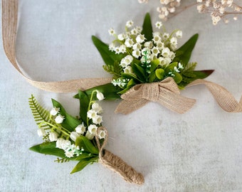 Lily of the Valley Corsage and Buttonhole Set Groom and Groomsmen White Boutonniere Bridesmaids  Corsage Spring Wedding Corsage for Prom