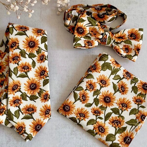 Corbata de girasol, pajarita de girasol con fondo blanco, corbata de cuello para novio y padrino, boda de girasol de verano, cuadrado de bolsillo floral