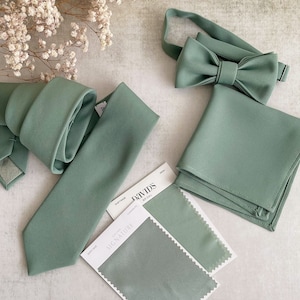 Dusty Sage David’s Bridal Tie, Plain Green Wedding Necktie, Tie for Groom, Groomsmen Bowtie, Men Bow tie, Kid Bow tie, Pocket Square