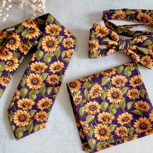 Sunflower Necktie, Sunflower Bow tie with Purple Background, Neck Tie for Groom & Groomsmen, Summer Sunflower Wedding, Floral Pocket Square