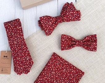 Mens Floral Necktie, Red Ditsy Floral Bow tie, Self Tie Bow Tie, Pocket Square, Gift for Him, Prom Night, Groom Groomsmen Wedding