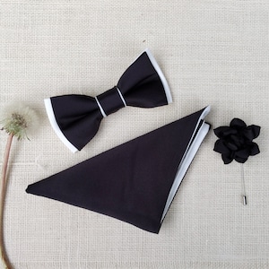 Black White Bow tie, Pocket Square, Two Tone BowTie, Black Bowtie, Wedding Tie, Lapel Pin, Men Bow Tie, Groom Groomsmen Bow Tie, Kid Bow Tie