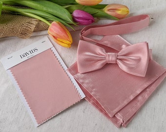 David’s Bridal Ballet, Dusty Pink Silk Bow tie, Groom & Groomsme Necktie,, Wedding Bow tie with Pocket Square, Kid Men Bowtie