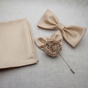 Silk Champagne Bow tie Set, Rose Lapel Pin & Pocket Square, Champagne Bowtie for Wedding, Champagne Bow tie, Mens Bowtie, Groomsmen BowTie