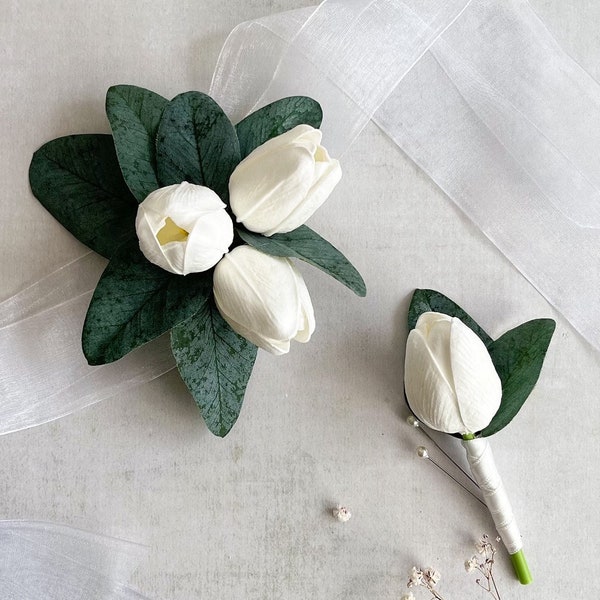 White Tulip Corsage, Tulip Buttonhole for Groom, Bridesmaids Corsages, Bridal Wrist Corsage, Prom Corsage, Ivory Wedding Boutonnière