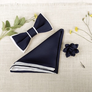 Navy Bow tie, Pocket Square, Two Tone BowTie, Navy Blue Bowtie, Wedding Lapel Pin, Men BowTie, Groom Groomsmen Bow Tie, Kid BowTie