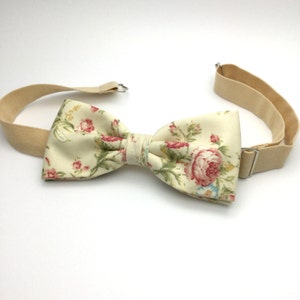 Floral Mens Shabby Chic Cream Vintage Bow Tie Pocket Square Pre tied Country Wedding Boy Baby Children Cotton Bow tie for Groom Groomsmen