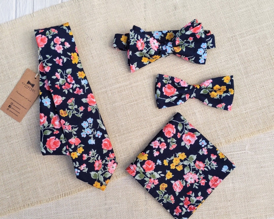 Navy Blue Floral Tie, Mens Floral Necktie, Mens Bow Tie, Self Tie Bow