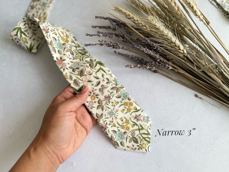 Wildflower Tie Floral Narrow Necktie Wedding Tie for Groom and Groomsmen Floral Skinny Tie with Pocket Square Men Necktie Wild Flower image 6