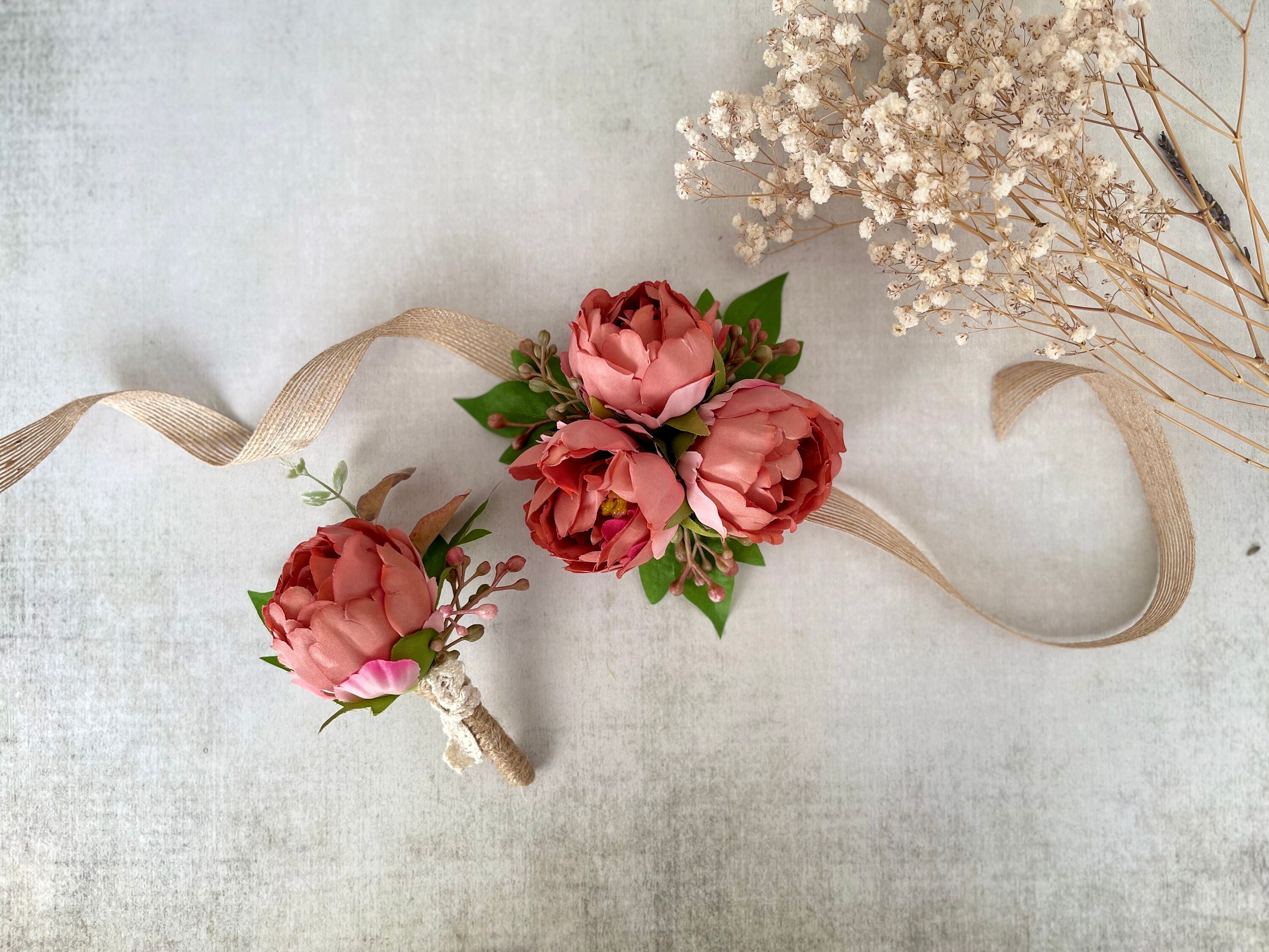 Desert Coral Peony Buttonhole and Corsage Set Autumn Wedding Boutonnières for Prom Peony Wrist Corsage Rustic Wedding Buttonholes