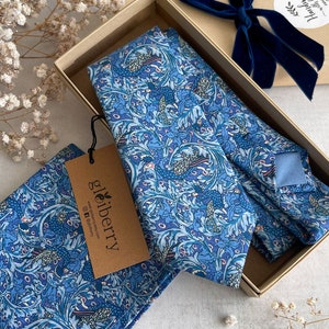 Liberty London Necktie Birthday Gift for Him Blue Peacock Print Neck tie Anniversary Present Fathers Day Gift Ties Lover Gift set Boyfriend