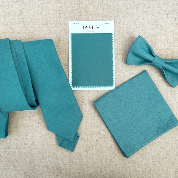 Teal Blue David’s Bridal Tie, Linen Look Necktie, Groom & Groomsmen Bow tie, Tie for Wedding, Men Necktie, Solid Cotton Linen Kid  Bow tie