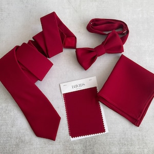 以下が含まれることがあります： ネクタイ、蝶ネクタイ、ポケットチーフ、そして「David's Bridal」のラベルが付いた生地見本を含む、ワインレッドのネックウェアアクセサリーセットです。