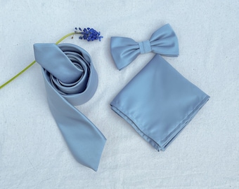 Dusty Blue Necktie, Solid Satin Bow Tie for Wedding, Men Necktie, Blue Grey Bow tie, Kid Bowtie, Groom & groomsmen Accessories, Prom Bow tie