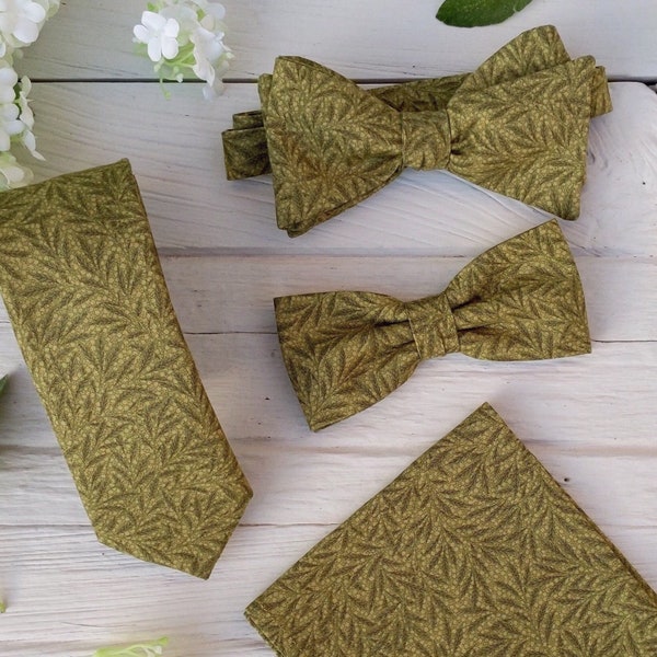 Cravate Vert Olive Willow Leave Self tie Noeud papillon Vert Pocket Square Automne Mariage Olive Green Neck Tie for Groom Groomsmen Wedding Bowtie