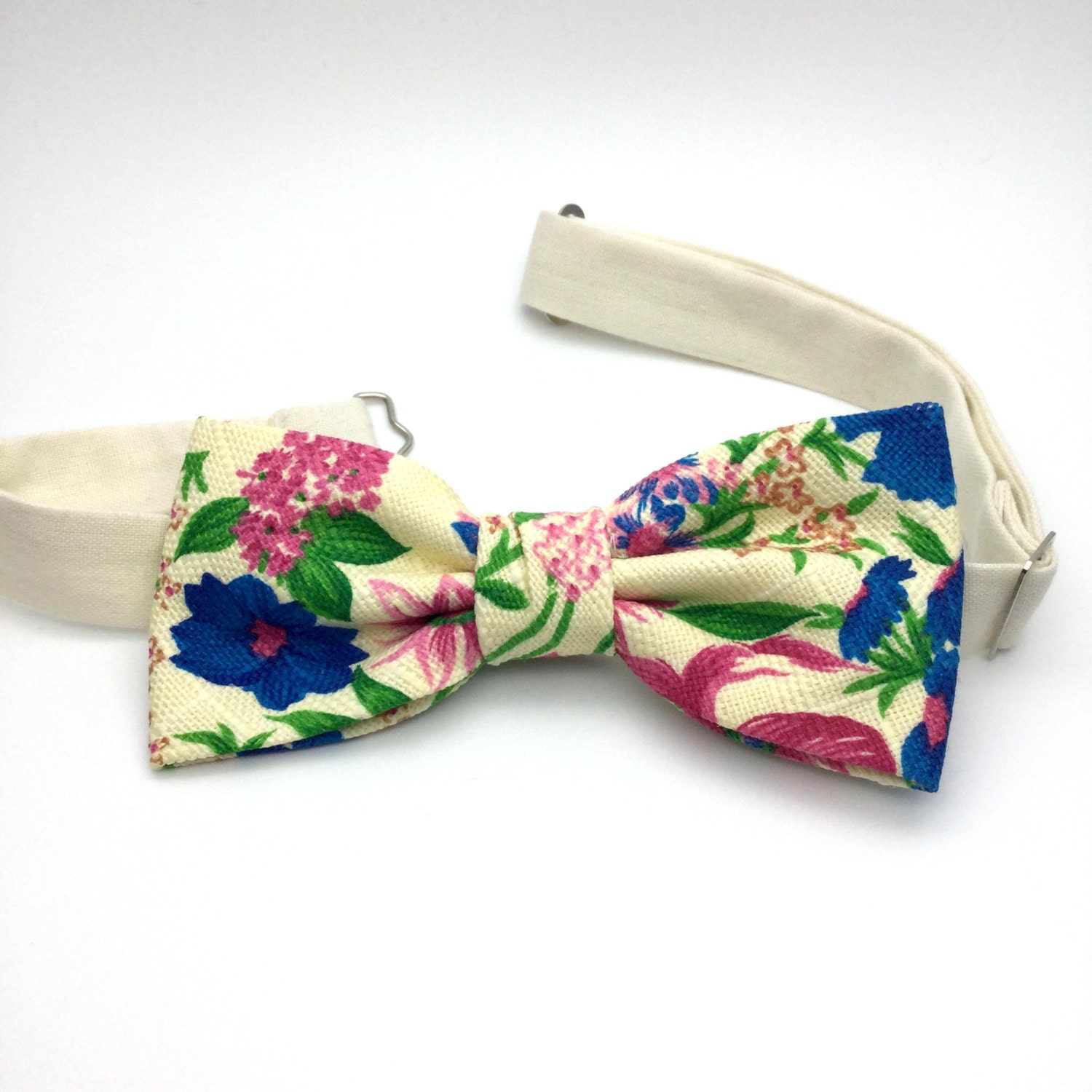 blue and pink floral bow tie