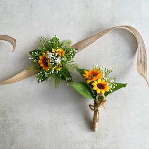 Boutonnière rustique de tournesol, petit corsage de poignet de tournesol, boutonnière pour le marié et les garçons d'honneur, boutonnière pour le bal, corsage de mariage image 2