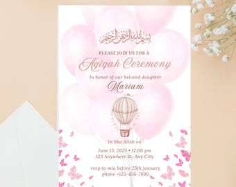 Pink Balloons Aqeeqah Invitation: Butterfly Girl Aqiqa, Canva Template (Digital Download, Video Invite Available)