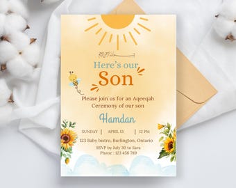 Here's The Son Aqeeqah Invitation, Muslim Baby Birth Announcement, Islamic Invite, Baby Birth Announcement, Canva Template, Summer baby