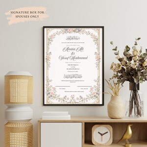 Certificado de matrimonio floral vintage / Certificado de matrimonio islámico / Elegante recuerdo A4 / Certificado de matrimonio enmarcado imagen 2