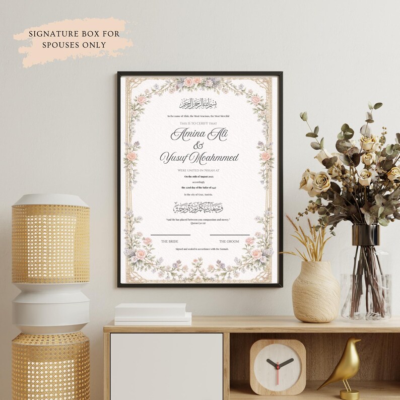 Certificado de matrimonio floral vintage / Certificado de matrimonio islámico / Elegante recuerdo A4 / Certificado de matrimonio enmarcado imagen 2