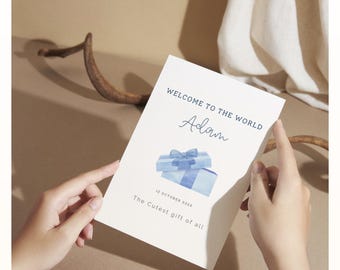 Personalized Baby Boy Card – 5x7 Newborn Welcome Card with Name & Date, Welcome Baby Boy Card, Personalized Baby Arrival Card, Baby Boy Card