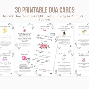 Puede incluir: Un conjunto de 30 tarjetas Dua imprimibles, con descarga instantánea y códigos QR que enlazan a fuentes auténticas. Las tarjetas presentan diseños florales y botánicos, con texto en inglés y árabe. Diseñadas para facilitar la claridad.