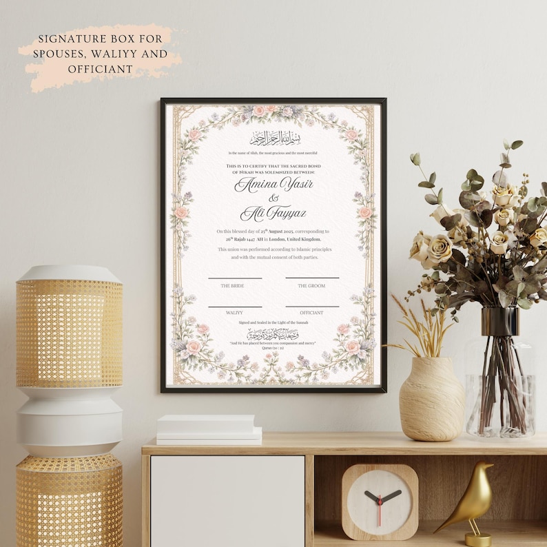 Certificado de matrimonio floral vintage / Certificado de matrimonio islámico / Elegante recuerdo A4 / Certificado de matrimonio enmarcado imagen 3