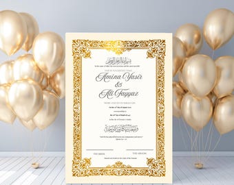 Gold Foil Nikkah Certificate Template: Personalized Muslim Wedding Contract (PDF Download)