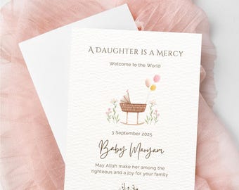 Welcome to the World – Baby Girl Islamic Greeting Card (5x7 inches), Baby Shower Gifts, Personalised Baby Shower Card, Aqeeqah Card