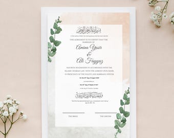 Watercolor Islamic Marriage Certificate: Custom Nikah Nama (Digital Download)