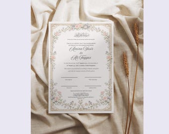 Vintage Floral Nikah Certificate | Islamic Marriage Certificate | Elegant A4 Keepsake | Framed Nikah Certificate
