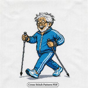 May include: A cross stitch pattern featuring an older individual with white hair and glasses, wearing a blue tracksuit with white stripes, walking with two trekking poles. A black digital watch is on the wrist. Text reads: Cross Stitch Pattern PDF.