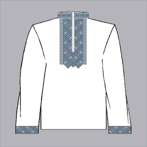May include: White long-sleeved shirt with a high collar and cuffs featuring a blue geometric embroidered design. The embroidery is a detailed pattern of diamonds and stars. The shirt has a traditional, folk-inspired aesthetic.
