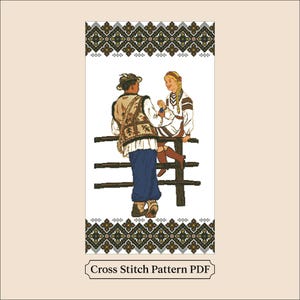 Op de afbeelding: Een kruissteekpatroon-PDF met een volkskunstontwerp. De afbeelding toont twee figuren in traditionele kleding, in de buurt van een houten hek. De rand en de boven- en onderkant van de afbeelding hebben een decoratief patroon. De tekst "Cross Stitch Pattern PDF" staat onderaan.