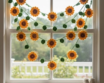 Crochet Sunflower Fall Garland Curtain Pattern, Spring Flower Garland Crochet Pattern, Home Decor Wall Hanging, Window Decor Kitchen Curtain