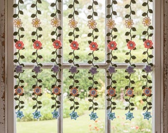 Crochet Flowers and Leaf Garland Curtain Pattern PDF Download,Spring Floral Fall Garland Crochet Pattern,Window Door Home Decor Wall Hanging