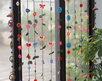 Crochet Curtain Pattern with Leaves, Butterfly, Heart, Flower and Bow – Crochet Garland Hanging for Window and Door Decor, Instant Download
