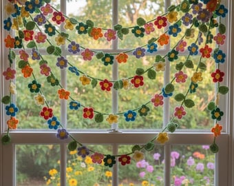 Spring Flower and Leaf Crochet Garland Pattern PDF, Crochet Curtain Beginner Friendly, Windows Door Decor, Wall Hanging, Instant Download