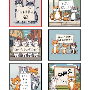 Lunch Box Notizen für Kinder, Cartoon Katzen, Mittags Nachrichten, Schulanfang, Positive Affirmationen für Kinder, Drucken & Verwenden, druckbares PDF