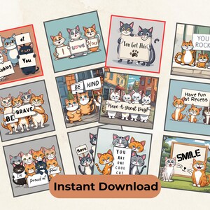 Bigliettini per la merenda con un gatto dei cartoni animati: affermazioni positive per bambini (PDF stampabile)